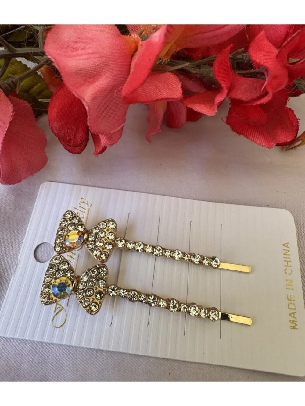 2 PC Set Hair Clips Pin Rhinestone Bow Bling Goldtone Crystal Rhinestone 2.5